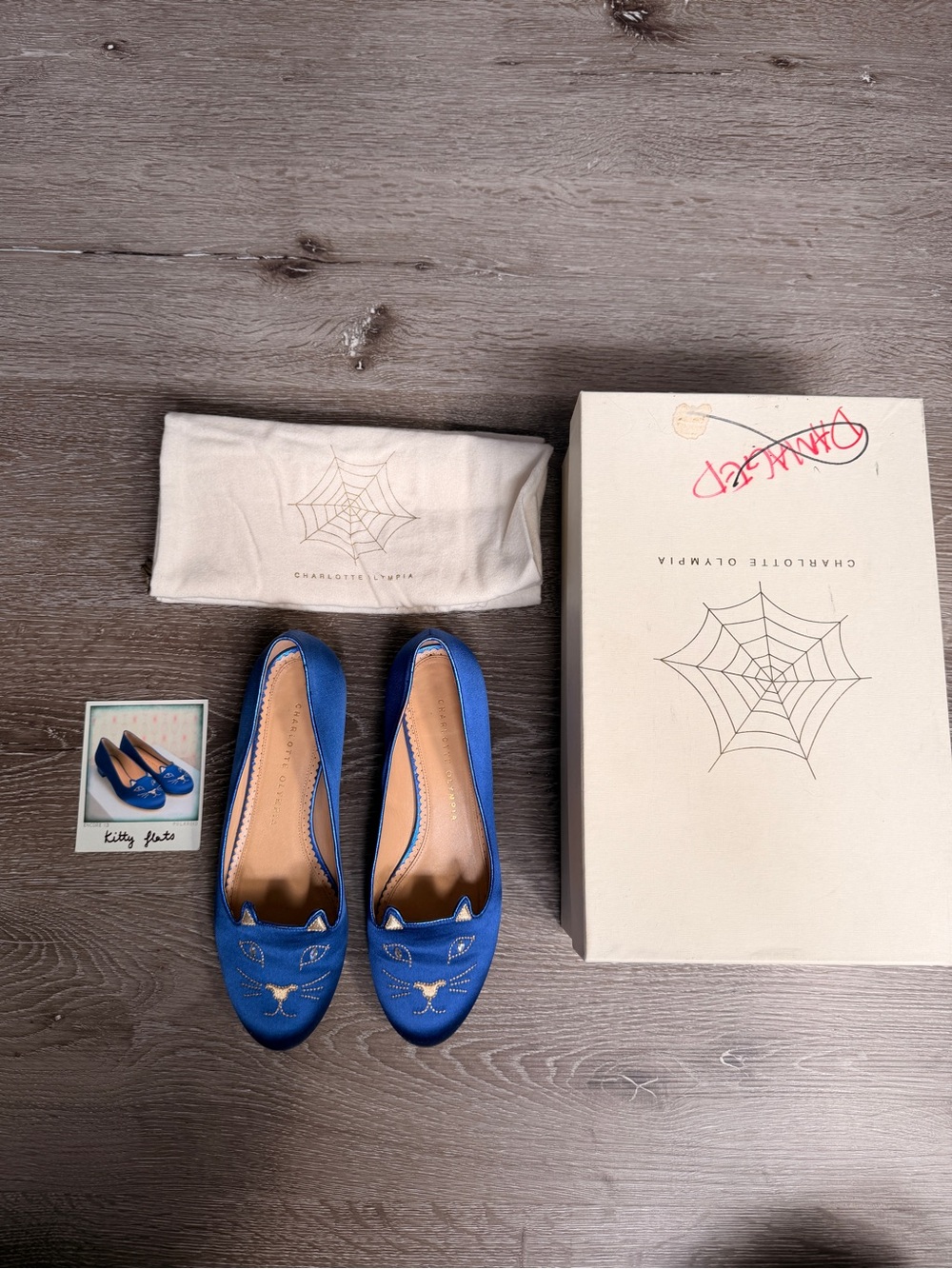 Charlotte Olympia Blue Satin Kitty Ballet Flats